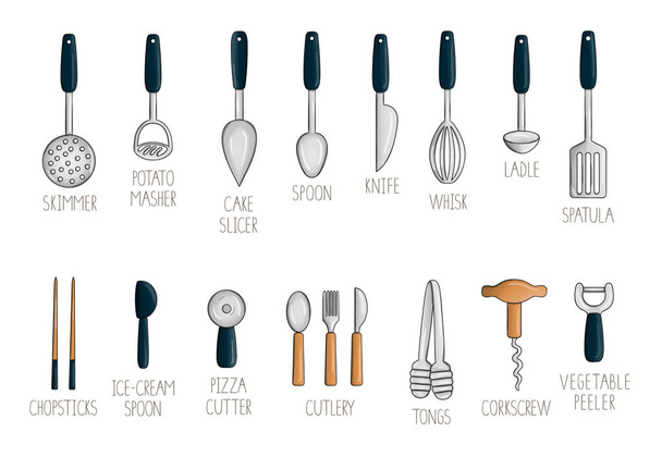 Set vectorial de utensilios de cocina de colores. Brillante paquete de cubiertos
 - Vector, imagen