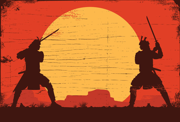 Силует двох японських самураїв боротьби з мечем, Векторна ілюстрація - Вектор, зображення