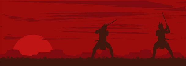 Siluet iki Japon Samuray kılıç mücadele, Vektör İllüstrasyon - Vektör, Görsel