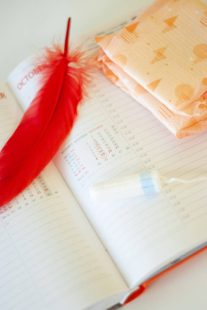 Le mestruazioni. Fodere, assorbenti e calendario con giornate rosse su sfondo bianco
 - Foto, immagini