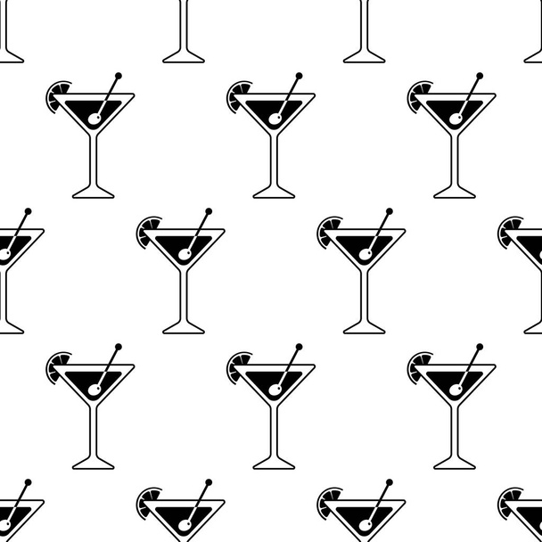 Черный силуэт бокала мартини с ломтиком лайма или лимона. икона коктейля с оливкой и палкой. Бесшовный рисунок Мартини
 - Вектор,изображение