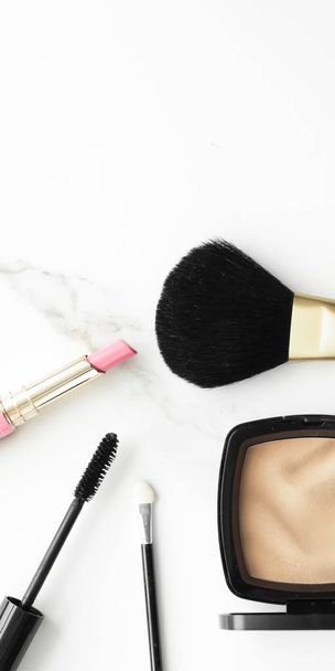Make-up and cosmetics products on marble, flatlay background - Photo, Image