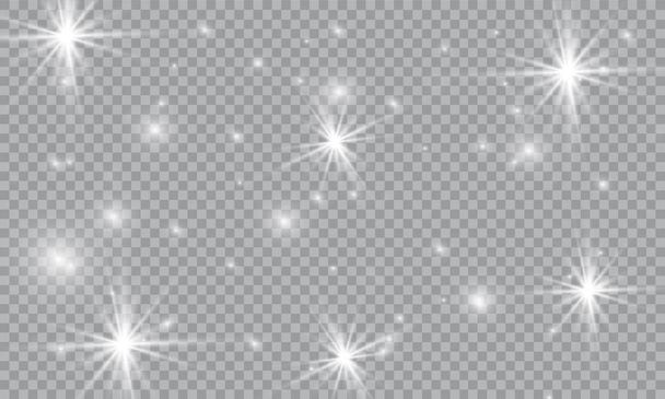 Staubweiß. weiße Funken und goldene Sterne leuchten mit besonderem Licht. Vektor funkelt auf einem transparenten Hintergrund. Weihnachten abstraktes Muster. funkelnde magische Staubpartikel. - Vektor, Bild