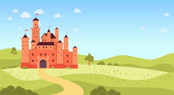 Naturalny krajobraz z średniowiecznym zamkiem i miejsce płaski styl kreskówki - Wektor, obraz