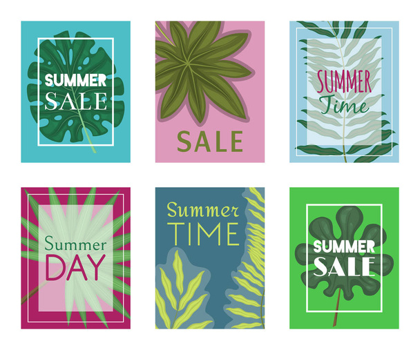 Summer time set of banners, flyers vector illustration. Tropical leaves. amazing palms. Jungle leaves, split leaf, philodendron plant. Advertisement of summer sales for shop. - ベクター画像