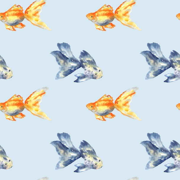 Seamless pattern with blue fish with big fin and goldfish on blue. Hand drawn watercolor illustration. Texture for print, fabric, textile, wallpaper. - Фото, изображение