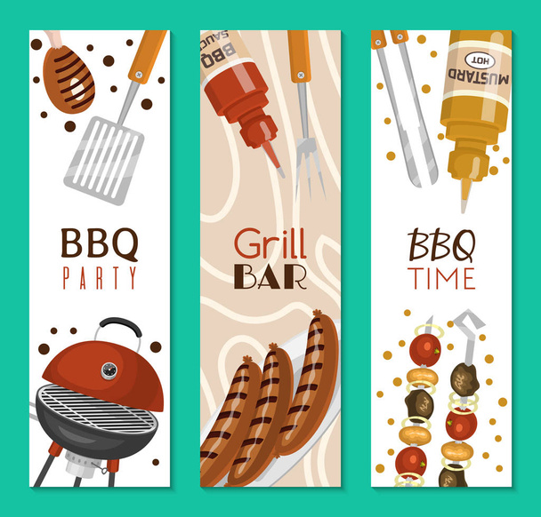 Barbeque picnic party banner meat steak roasted on round hot barbecue grill vector illustration. Bbq in park, banner design template. Grilled food menu poster. Homemade recipe card cookbook cover. - Vetor, Imagem