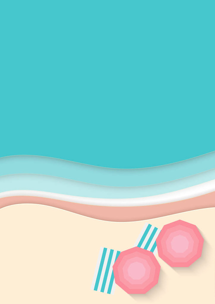 Playa con sombrillas, toallas y mar. Vista aérea de la playa de verano en estilo artesanal de papel. Corte de papel y estilo artesanal. Ilustración de trama. Vista superior. Copiar espacio
 - Foto, imagen