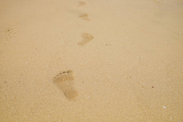 Ślad na piaszczystej plaży. Człowiek Barefoot. - Zdjęcie, obraz
