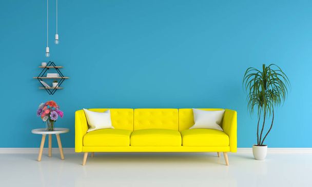 Yellow sofa  in blue living room, 3D rendering - Photo, Image