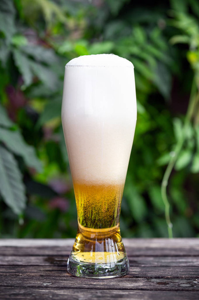 ποτήρι κρύα μπίρα στο ξύλινο τραπέζι στον κήπο με πράσινο φόντο. - Φωτογραφία, εικόνα