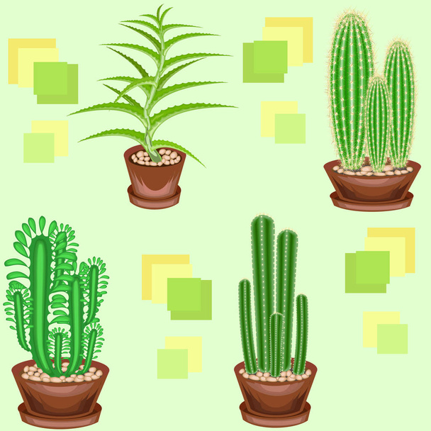 Cacti in pots on a green background. A fancy pattern. Suitable as wallpaper on, as a background for packaging products. Creates a cheerful mood. Vector illustration - Vector, Image
