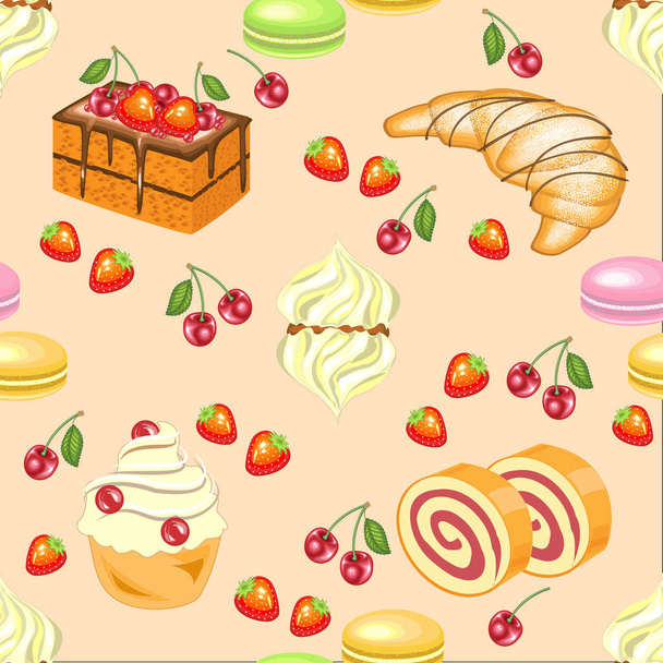 nahtloses Muster. Festtagsgebäck, Marshmallows, Croissants, Erdbeerbonbons, Kirschen. geeignet für Tapeten in der Küche. erzeugt eine festliche Stimmung. Vektorillustration - Vektor, Bild