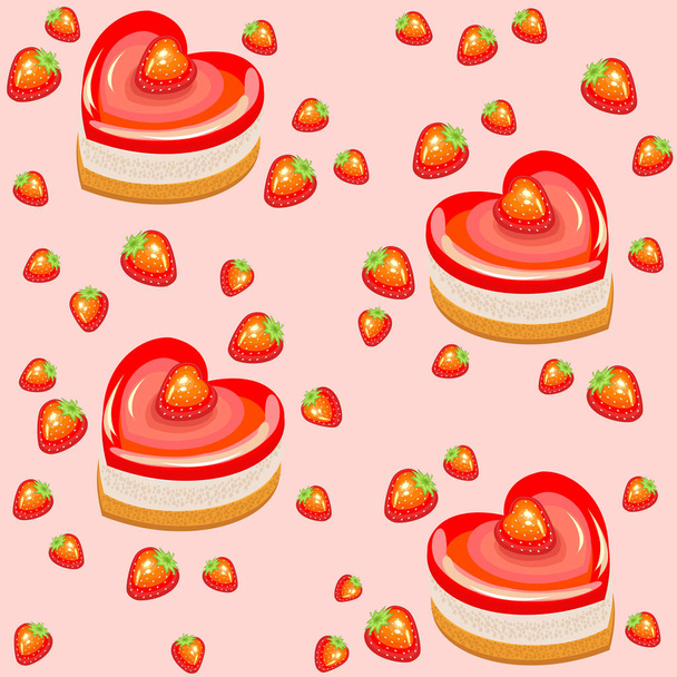 Bezproblémový vzor. Čerstvé prázdninové koláče ve tvaru srdce a jahody. Vhodný jako tapeta v kuchyni, jako dárkový obal na Valentýna. Vytváří slavnostní náladu. Vektorová ilustrace - Vektor, obrázek