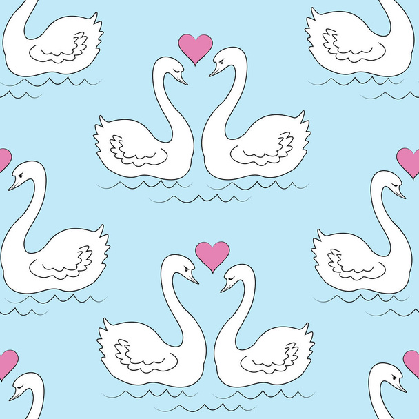 Бесшовный шаблон. Два белых лебедя. Влюбленные птицы плавают в воде. Солнце в форме сердечка. Романтическая любовь. Для упаковки подарков на День Святого Валентина, на свадьбу. Векторная иллюстрация
 - Вектор,изображение