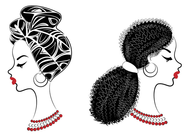 Collection.Profil de la tête de la douce dame. Afro-Américaine avec une belle coiffure. La dame porte un turban, une coiffe nationale. Ensemble d'illustrations vectorielles
 - Vecteur, image
