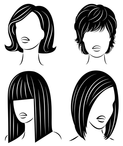Silhueta da cabeça de uma senhora bonita. A menina mostra seu penteado para cabelos médios e curtos. Adequado para logotipo, publicidade. Ilustração vetorial
 - Vetor, Imagem
