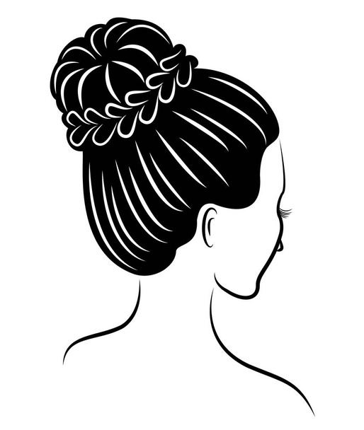 Silhouette of a profile of a sweet lady s head. The girl shows a female hairstyle on medium and long hair. Suitable for logo, advertising. Vector illustration. - Vector, Image