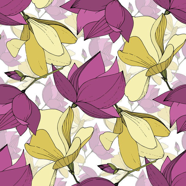 Vector Magnolia kwiatowy kwiatów botanicznych. Fioletowo-żółta grawerowana sztuka atramentu. Płynny wzór tła. - Wektor, obraz