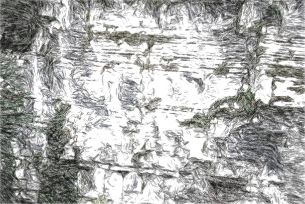 Roca de piedra cubierta de musgo en plan general. Alta montaña con vegetación floreciente. Textura dibujo artístico. Pastel estilo clásico
. - Foto, imagen
