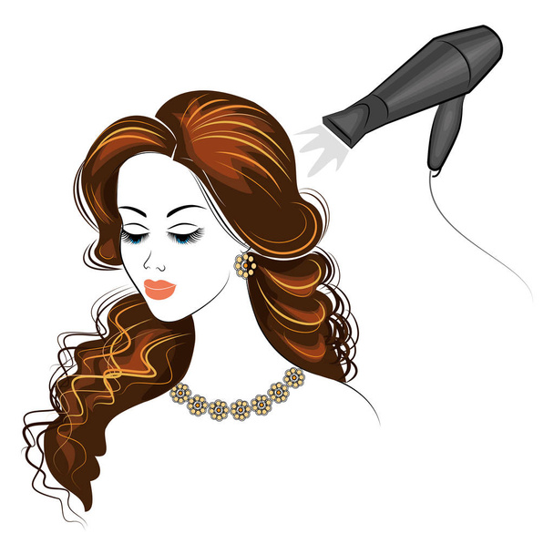 Silhueta da cabeça de uma senhora. A rapariga do salão de beleza. Uma mulher penteia, seca o cabelo com um secador de cabelo. Ilustração vetorial
. - Vetor, Imagem