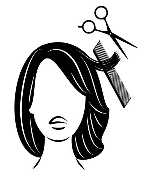 Suloisen naisen pään siluetti. Tyttö kauneushoitolassa. Nainen laittaa hiuksensa, leikkaa hiuksensa. Vektoriesimerkki
. - Vektori, kuva
