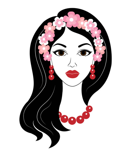 Sziluettje egy édes hölgy. A lány szép hosszú haj, piros gyöngyök és fülbevalók. A feje a koszorút a virágok. A nő szép és stílusos. Vektoros illusztráció - Vektor, kép