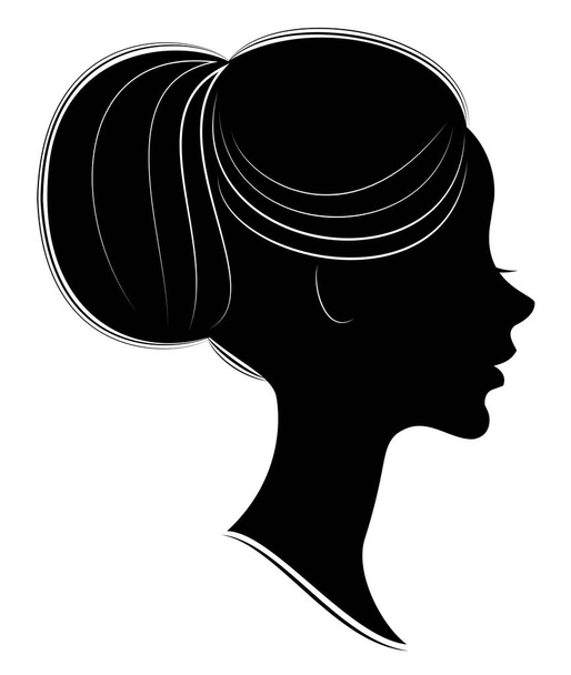 Silueta de la cabeza de una dulce dama. La chica muestra un paquete de peinado femenino en el pelo largo y mediano. Adecuado para publicidad, logotipo. Ilustración vectorial
. - Vector, imagen