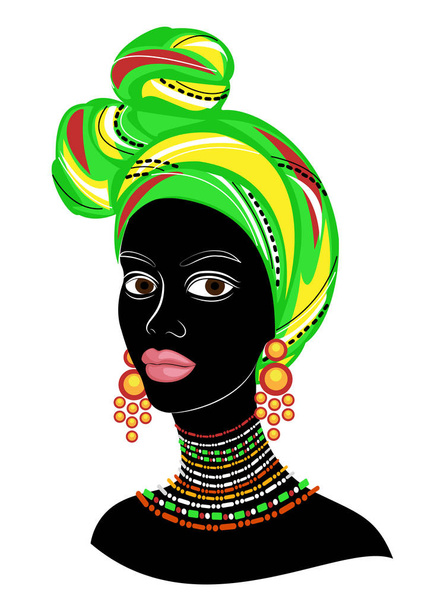 La cabeza de una buena dama. En la cabeza de una chica afroamericana está atado un brillante pañuelo, un turbante. La mujer es hermosa y elegante. Ilustración vectorial
 - Vector, imagen