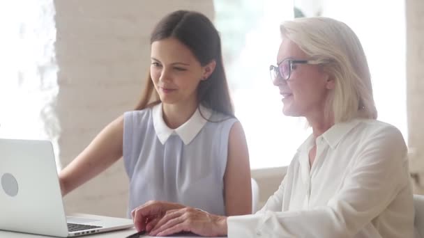 Saleswoman and client talking laughing at office meeting with laptop - Footage, Video