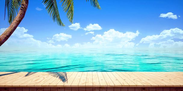 Fondo colorido de la plataforma de madera: playa / playa. (Ilustración generada digitalmente por computadora de renderizado 3D.) - Foto, Imagen