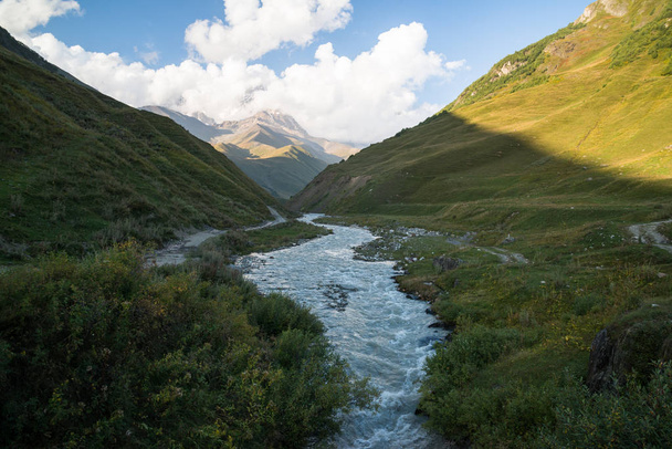 Beautiful landscape with river and mountains in Georgia  - Fotoğraf, Görsel