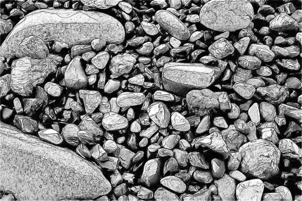 Különböző méretű vizes kövek a tengerparton. Beach kavicsok után egy hengerelt vissza hullám. Textúra művészi rajz. Sketch detalied stílus. - Fotó, kép