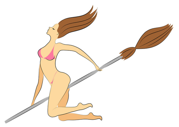 Fantastic character from a fairy tale, girl witch. Woman flies on a broomstick on Halloween. Naked Lady Vector illustration - Vector, Image