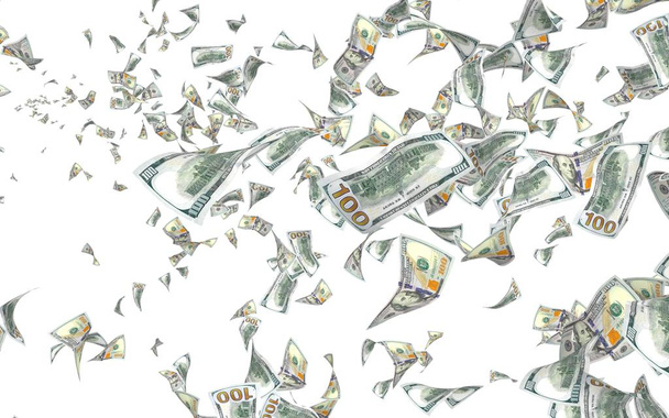 Fliegende Dollarnoten isoliert auf weißem Hintergrund. Geld liegt in der Luft. 100 neue US-Banknoten 3D-Illustration - Foto, Bild