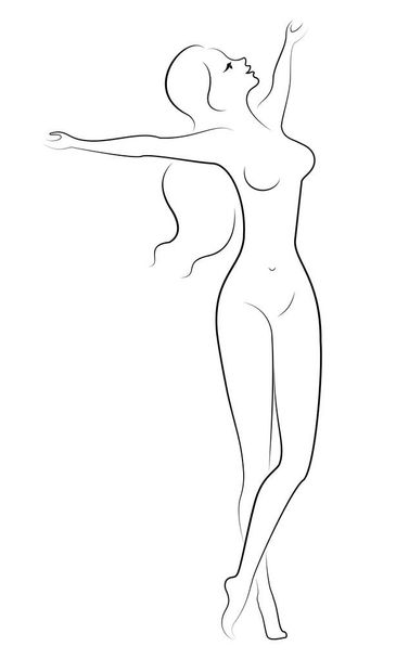 Silhouette of a sweet lady. The girl is happy, smiling, standing in a beautiful pose, raised her hands. The woman is nude and slim. Vector illustration - Vector, Image