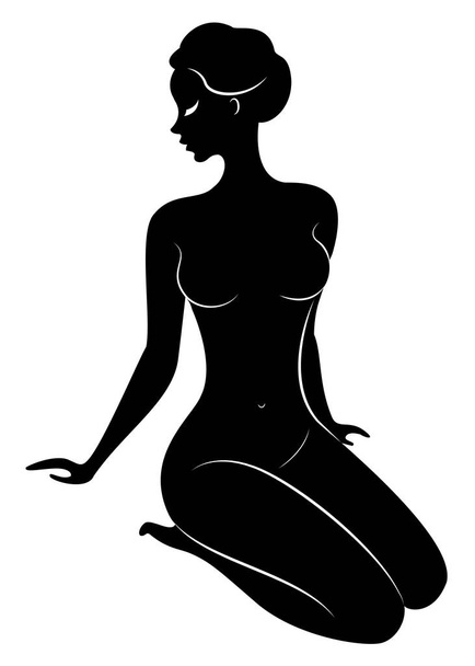 Silhouet van een lieve dame, ze zit. Het meisje heeft een mooie naakt figuur. De vrouw is jong en slank. Vector illustratie - Vector, afbeelding