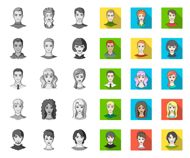 Avatar és arc mono, lapos ikonok meg gyűjtemény a design. A vektorszimbólumokat tartalmazó webes illusztráción személyek megjelenése. - Vektor, kép
