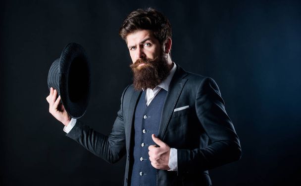 Secret shy. Male formal fashion. Detective in hat. Mature hipster with beard. brutal caucasian hipster with moustache. Bearded man gentleman. Businessman in suit. Royalty in his blood - Photo, Image