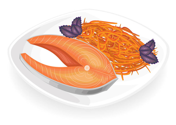 Bistecca di pesce rosso su un piatto. Guarnire carota coreana. Foglie verdi basilico. Cibo delizioso, gustoso e nutriente. Illustrazione vettoriale
 - Vettoriali, immagini
