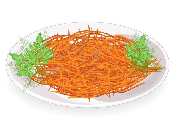 Sabroso plato. Zanahoria coreana con eneldo y perejil en un plato. Alimento dietético, vegetariano y saludable. Ilustración vectorial
 - Vector, Imagen