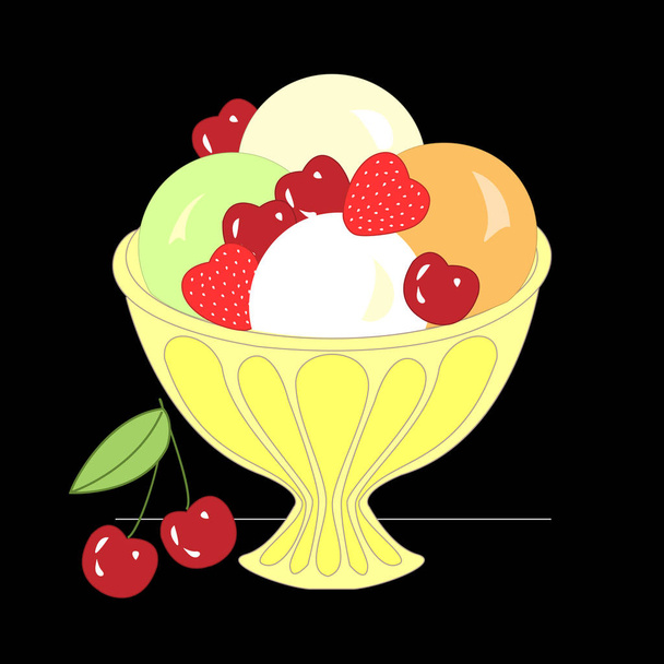Boules de crème glacée avec différentes garnitures et saveurs et fruits
 - Vecteur, image