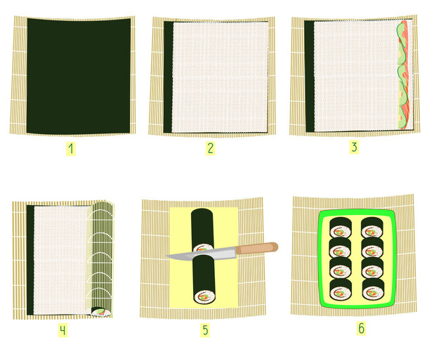 Preparation of sushi in pictures. Step-by-step instruction. National Japanese cuisine. Seafood and rice rolls. Vector illustration - Vector, Image