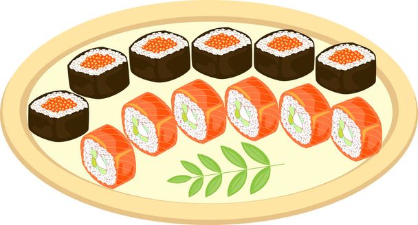 Imagen a color. Platos refinados de la cocina nacional japonesa. En un plato muy bien servido son mariscos, sushi, rollos, caviar, arroz, hierbas. Un regalo festivo. Ilustración vectorial
 - Vector, imagen