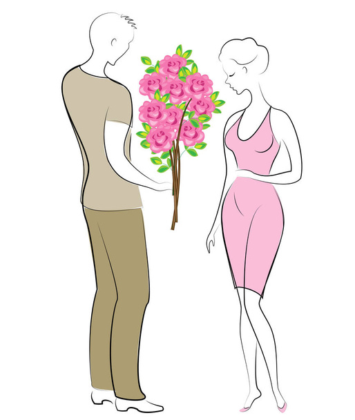 幸せな恋人のロマンチックな関係。デートの若い男と少女男は女性に花の美しい花束、緋色のバラを与えます。ベクトルイラスト - ベクター画像