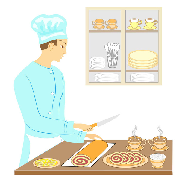 A young man cook prepares an exquisite sweet table. Baked a chocolate cake and cuts pieces, puts a cup of hot tea coffee . On the table sugar, lemon. Vector illustration - Vector, Image
