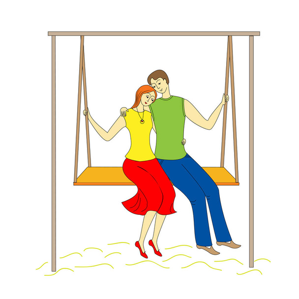 Koppel jonge man en meisje swingend op een schommel. Gelukkige liefde. Vector illustation - Vector, afbeelding