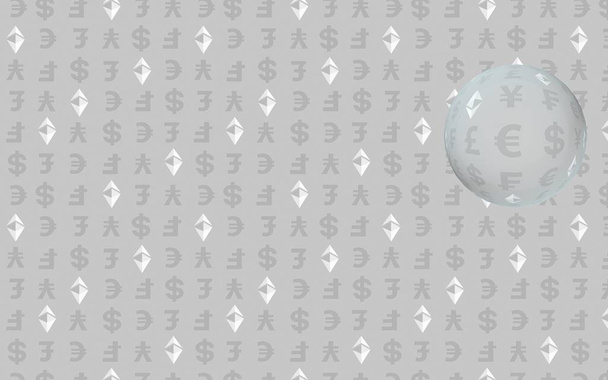Äthereum classic und Währung auf grauem Hintergrund. digitales Kryptosymbol. Währungsblase, Welleneffekt, Marktschwankungen. Geschäftskonzept. 3D-Illustration - Foto, Bild