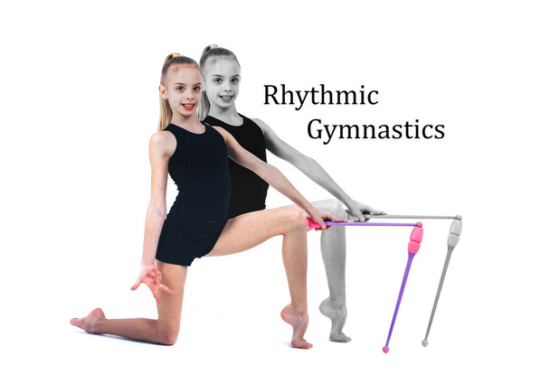 Photomontage Young beautiful gymnast holding maces above the ground in mirror reflection in black and white - Photo, Image