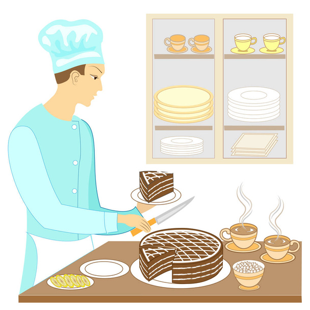 Egy fiatalember szakács készít egy gyönyörű édes asztal. Sült csokoládé torta és darabok darabok, hozza egy csésze forró tea kávé. Az asztalon cukor, citrom. Vektoros illusztráció - Vektor, kép
